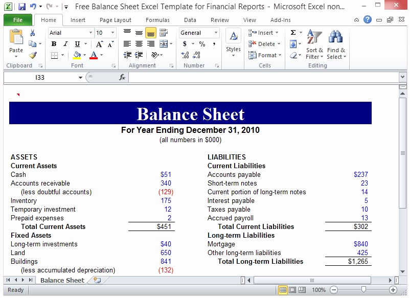 Balance Sheet Example Excel Elegant Free Balance Sheet Excel Template for Financial Reports