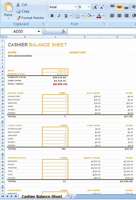 Balance Sheet Example Excel Inspirational Sample Ms Excel Cashier Balance Sheet Template