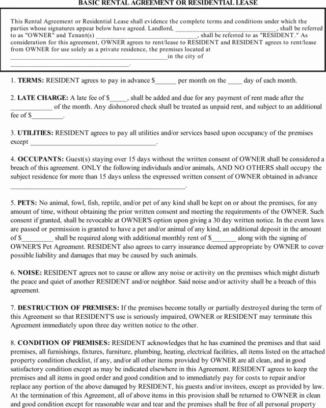 Basic Lease Agreement Template Inspirational Basic Rental Agreement Residential Lease