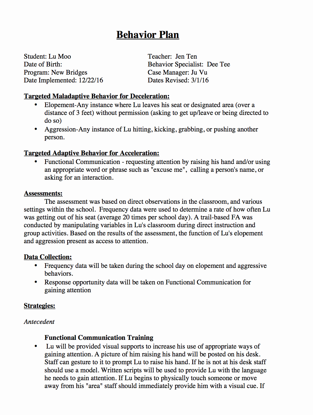 Behavior Intervention Plan Example Awesome Sample Behavior Intervention Plan Template