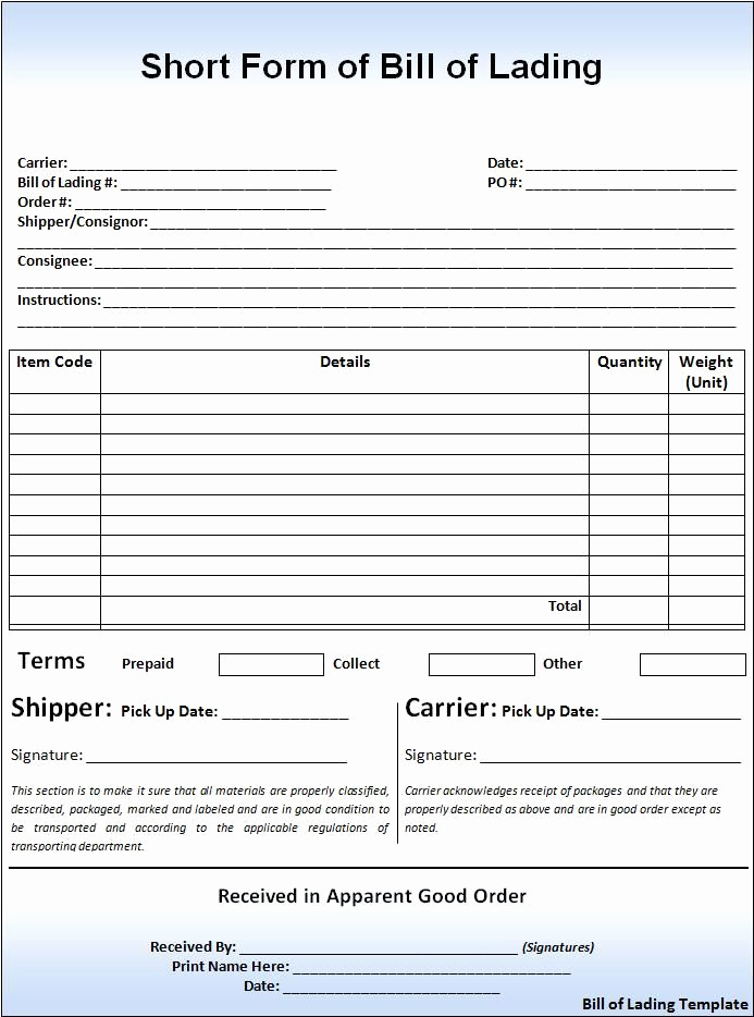 Bill Of Lading Sample Awesome Printable Sample Bill Lading Template form