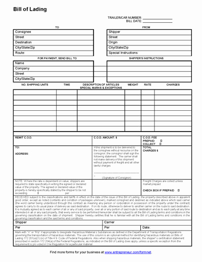 Bill Of Lading Sample Best Of Bill Of Lading form Template