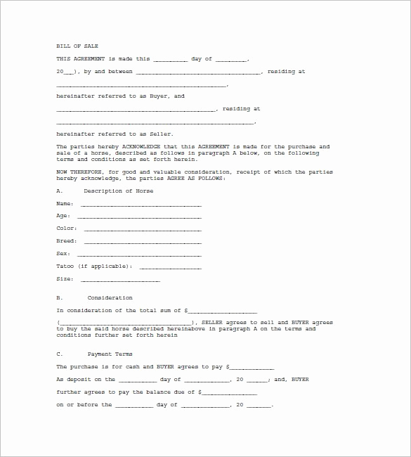 Bill Of Sale for Horse Awesome Bill Of Sale form – Printable Blank Bill Of Sale form