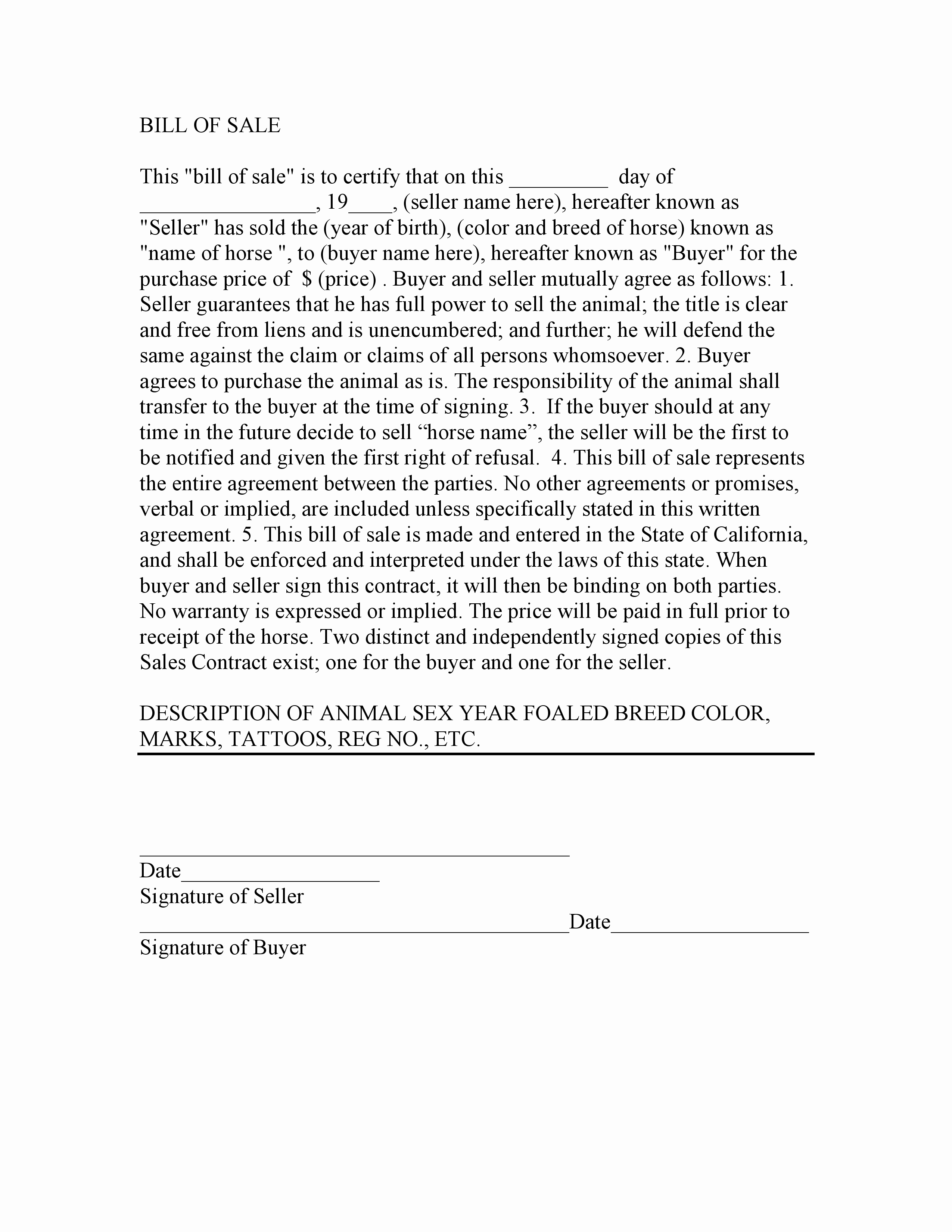 Bill Of Sale for Horse Luxury Free California Horse Bill Of Sale Template Pdf