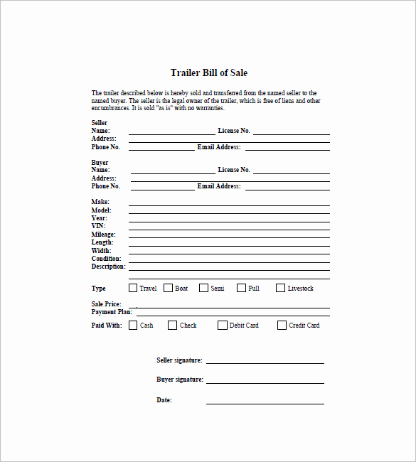 Bill Of Sale for Trailers Awesome Trailer Bill Of Sale – 8 Free Word Excel Pdf format