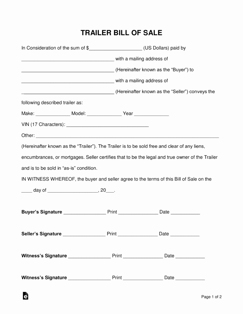 Bill Of Sale for Trailers Beautiful Free Trailer Bill Of Sale form Word Pdf