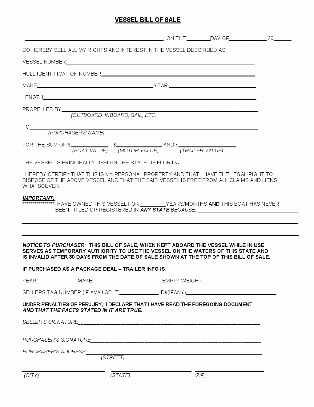 Bill Of Sale for Trailers Best Of Free Florida Vessel Bill Of Sale form Download Pdf