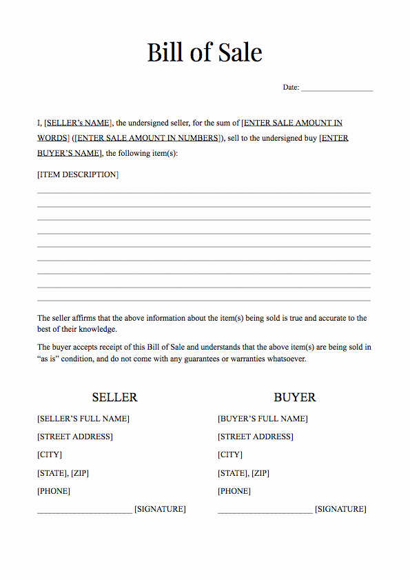 Bill Of Sale Printable Awesome Free Bill Of Sale form