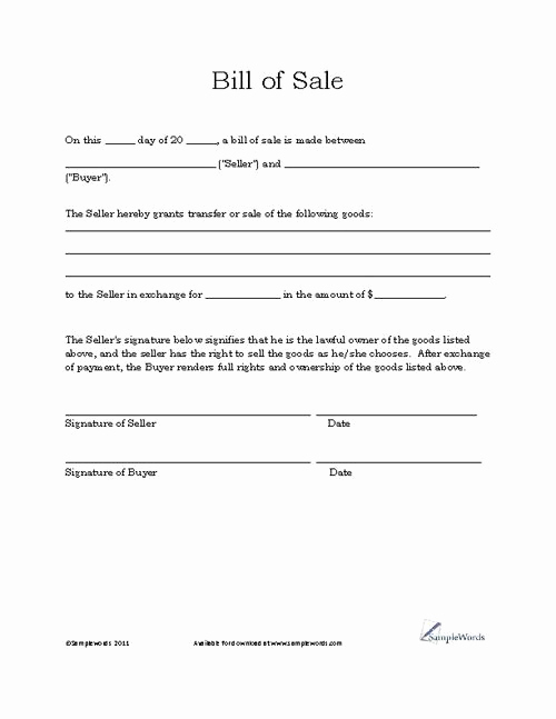 Bill Of Sale Printable Lovely Basic Bill Of Sale form Printable Blank form Template