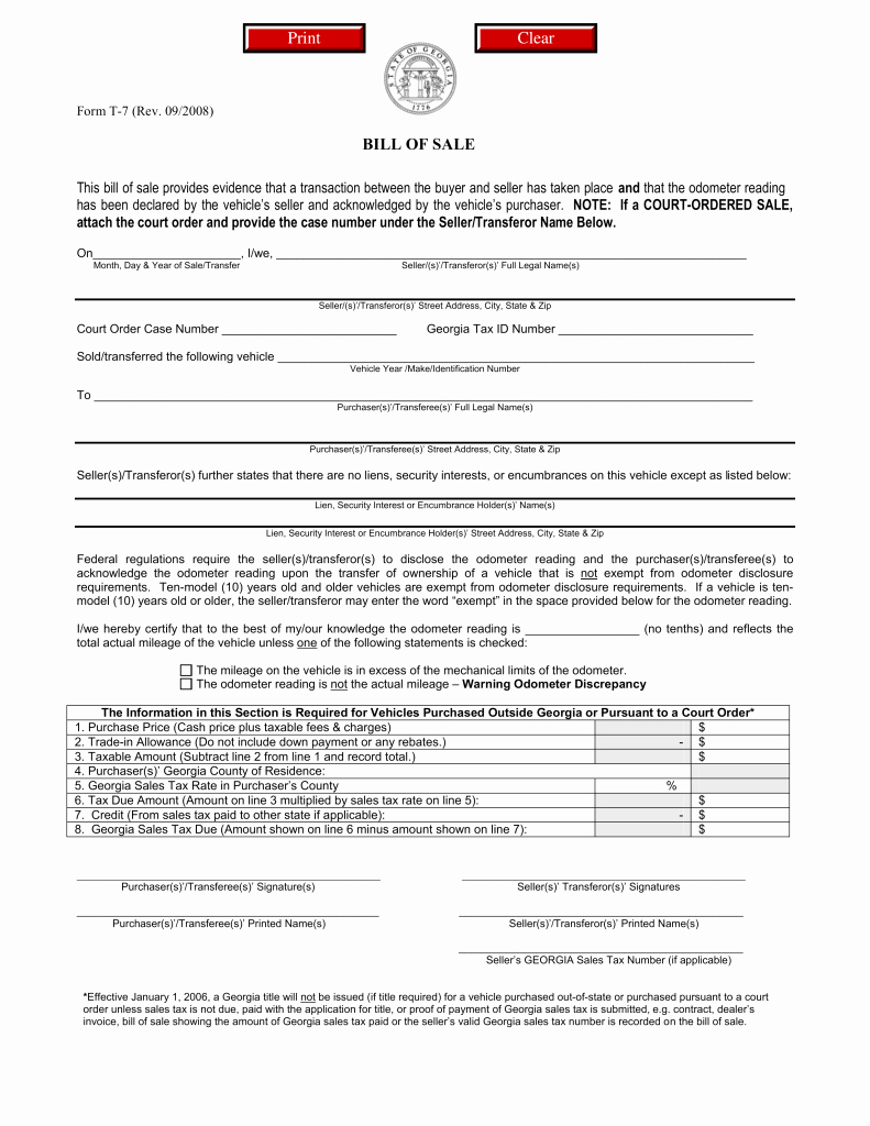 Bill Of Sales form Fresh Georgia Motor Vehicle Bill Of Sale form T 7