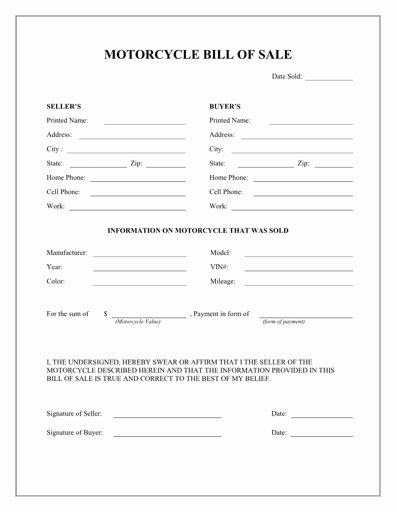 Bill Of Sales form Unique Free Printable Motorcycle Bill Of Sale form Template