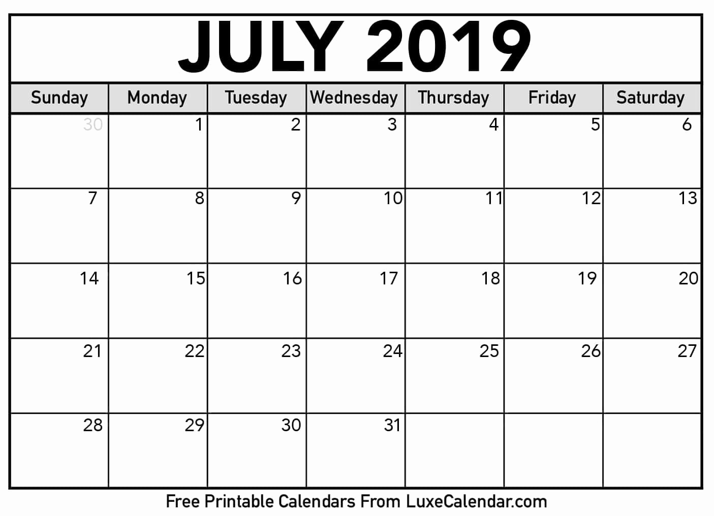 Blank Calendar Template 2019 Inspirational Blank July 2019 Printable Calendar Luxe Calendar