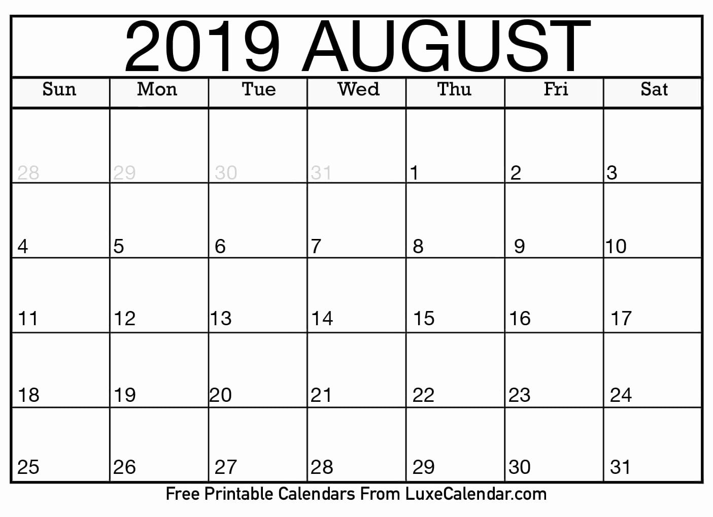 Blank Calendar Template 2019 New Blank August 2019 Printable Calendar Luxe Calendar