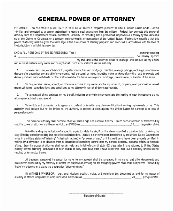 Blank Power Of attorney form Unique Sample General Power Of attorney form 10 Free Documents