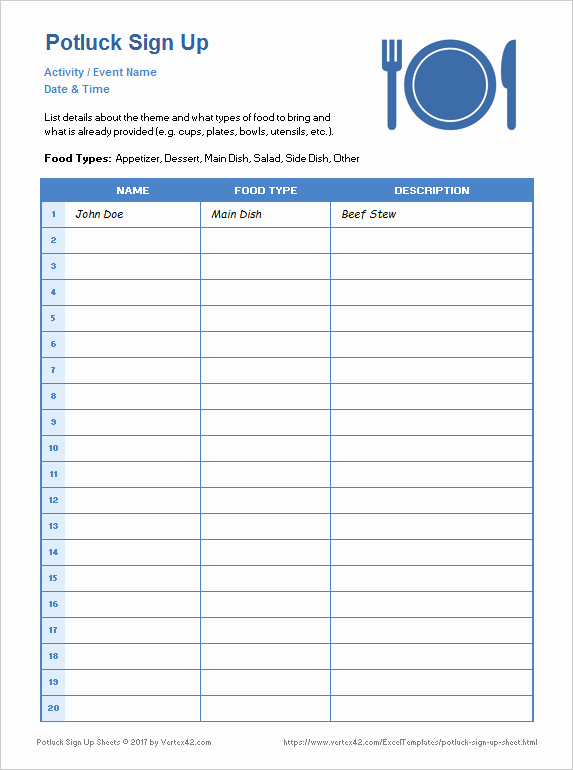 Blank Sign Up Sheet Lovely Potluck Sign Up Sheets for Excel and Google Sheets