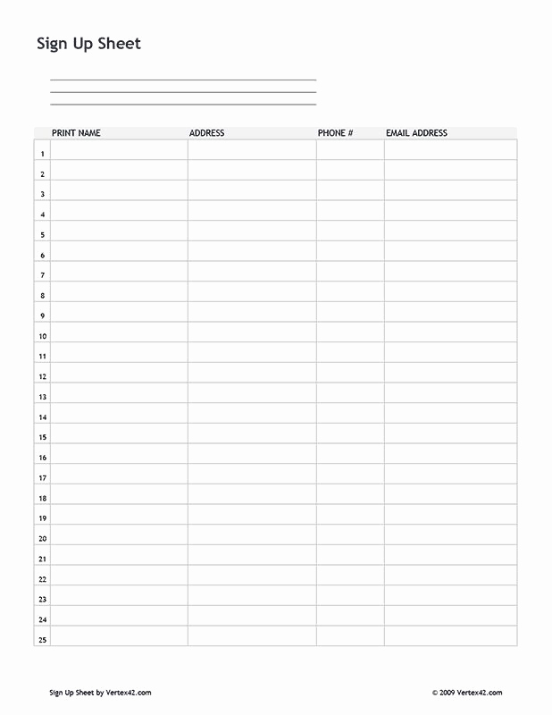 Blank Sign Up Sheet New Free Printable Sign Up Sheet Pdf From Vertex42