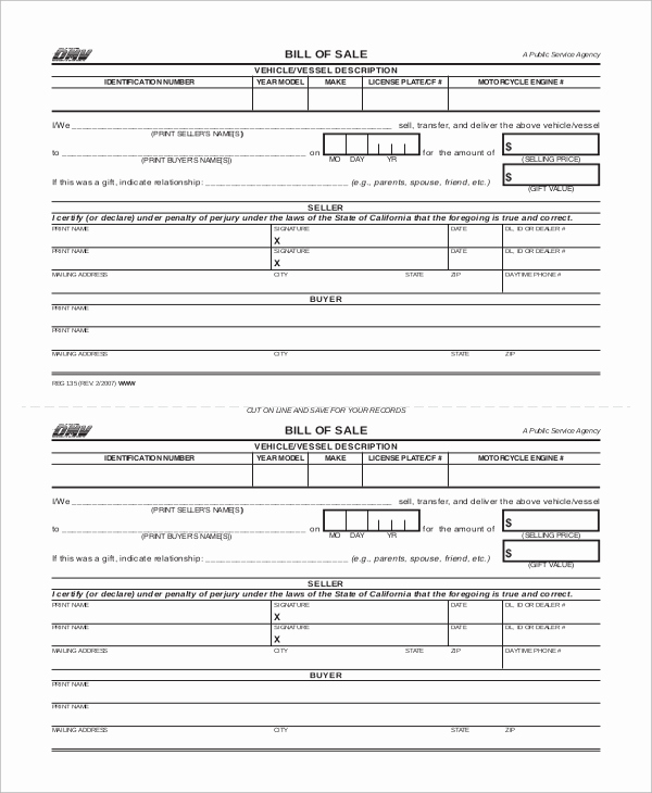 Blank Vehicle Bill Of Sale Fresh 8 Sample Bill Of Sale for Vehicles