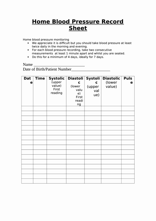 Blood Pressure Log for Patients Best Of Home Blood Pressure Record Sheet Printable Pdf