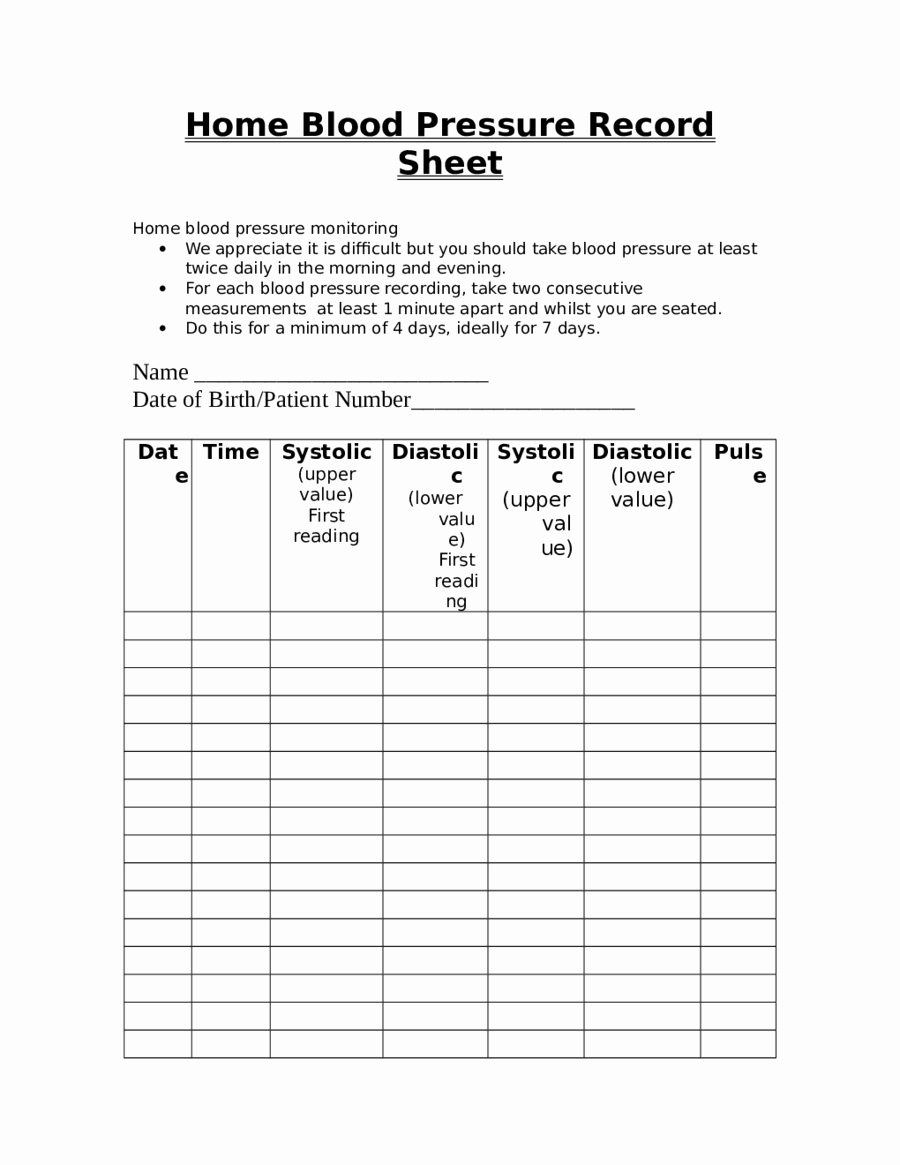 Blood Pressure Recording Chart Awesome Home Blood Pressure Record Sheet Edit Fill Sign Line