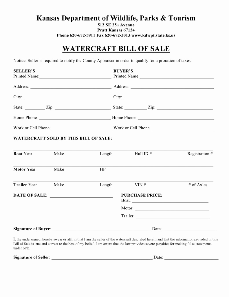 Boat Bill Of Sale form Lovely Free Kansas Watercraft or Boat Bill Of Sale form