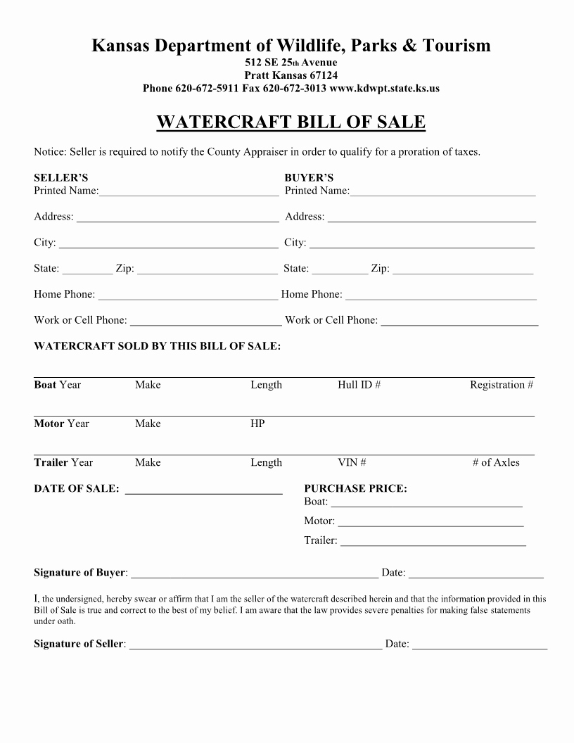 kansas watercraft boat bill sale form