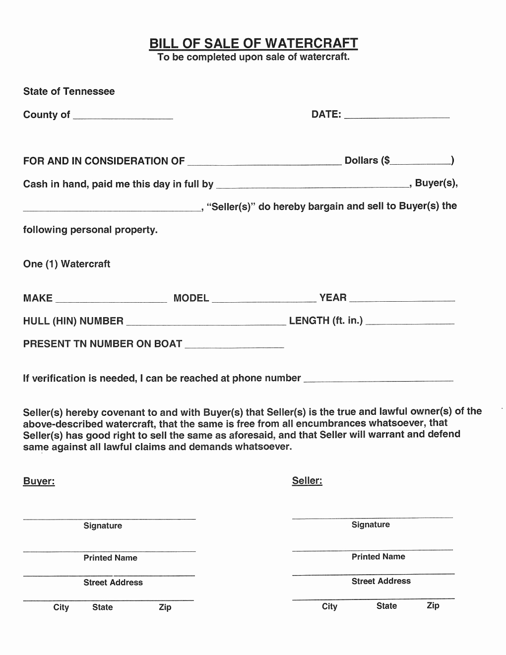 Boat Trailer Bill Of Sale Inspirational Free Tennessee Watercraft Bill Of Sale form Download Pdf