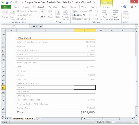 Break even Analysis Excel Template Elegant Simple Breakeven Analysis Template for Excel 2013