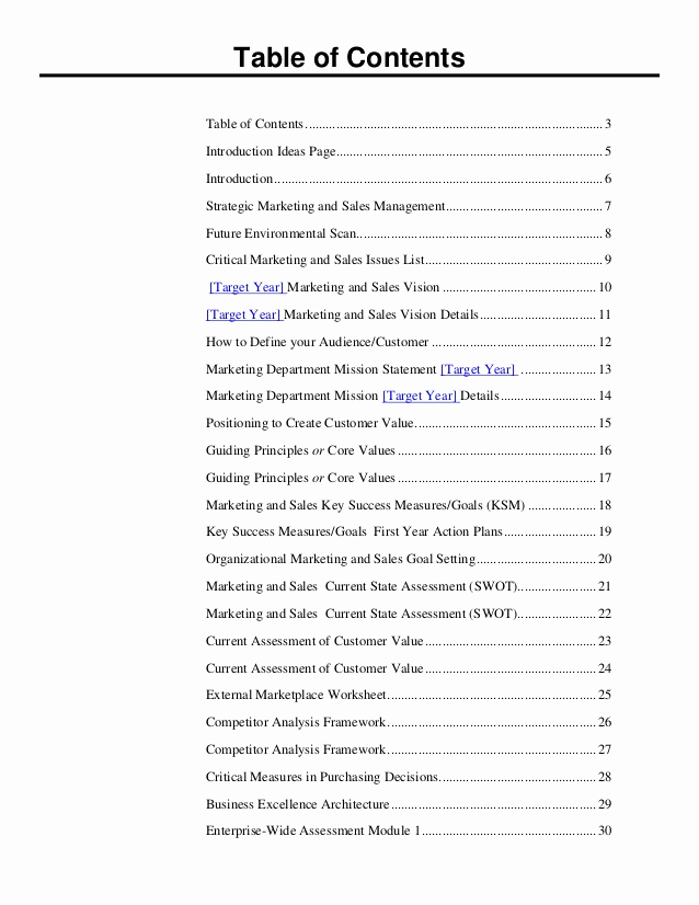 Business Plan Table Of Contents Beautiful Strategic Marketing &amp; Sales Plan Template