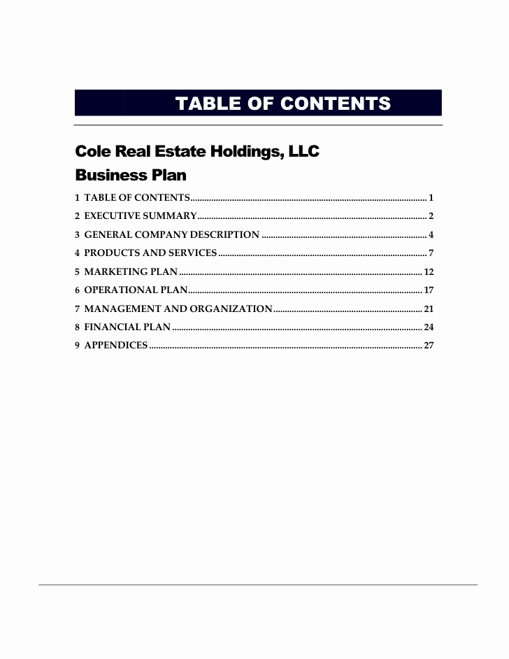Business Plan Table Of Contents Best Of Business Plan