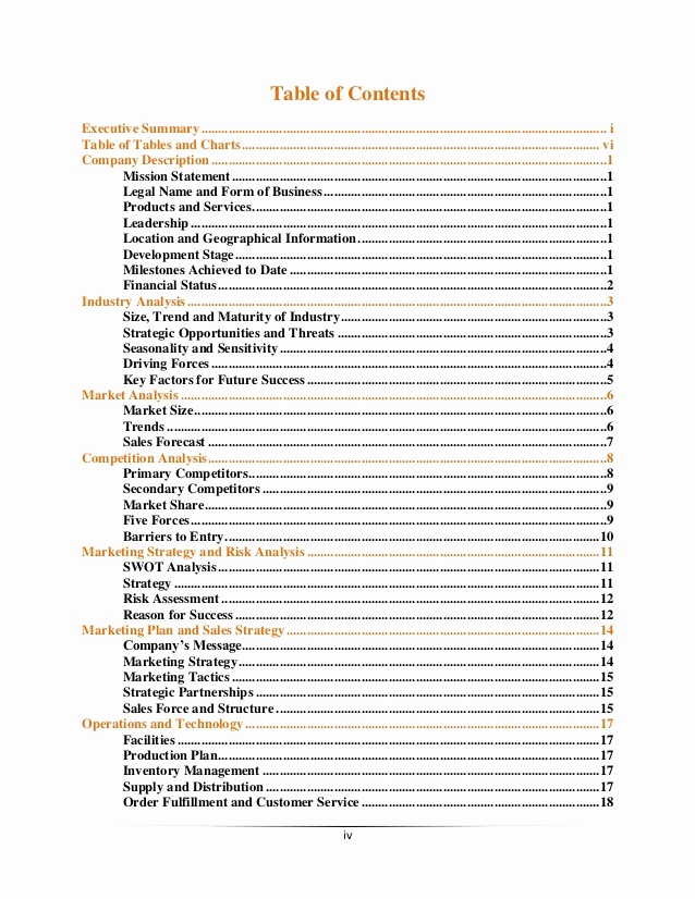 Business Plan Table Of Contents Fresh thesis Business Plan