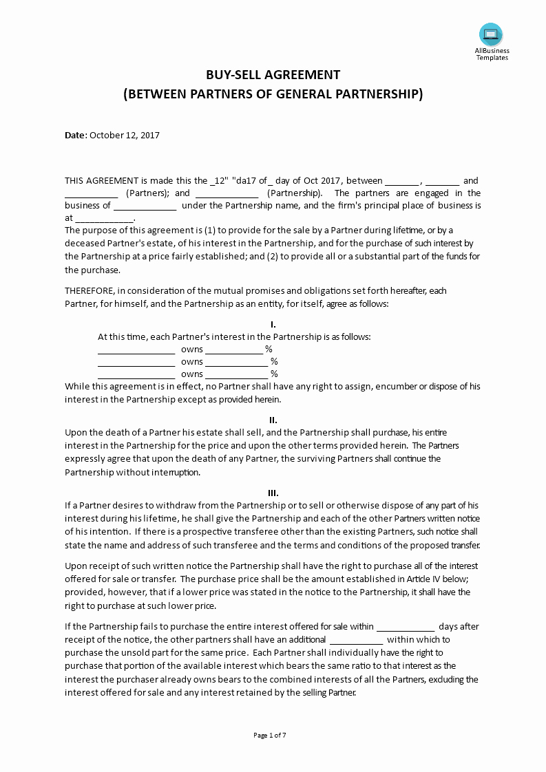 Buy Sell Agreement Template Awesome Partnership Buy Sell Agreement form