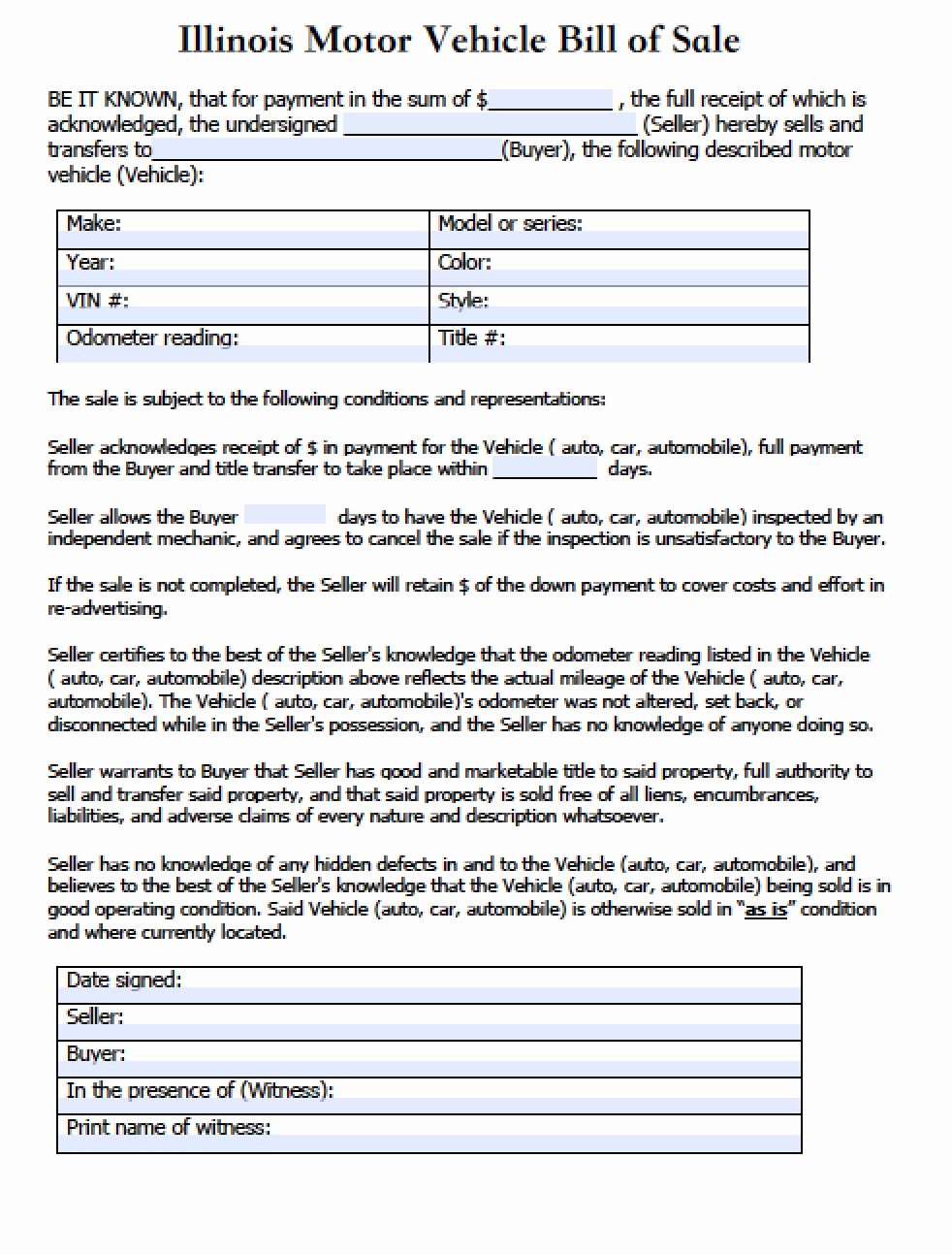 Car Bill Of Sale form Awesome Free Illinois Motor Vehicle Secretary Of State Bill Of
