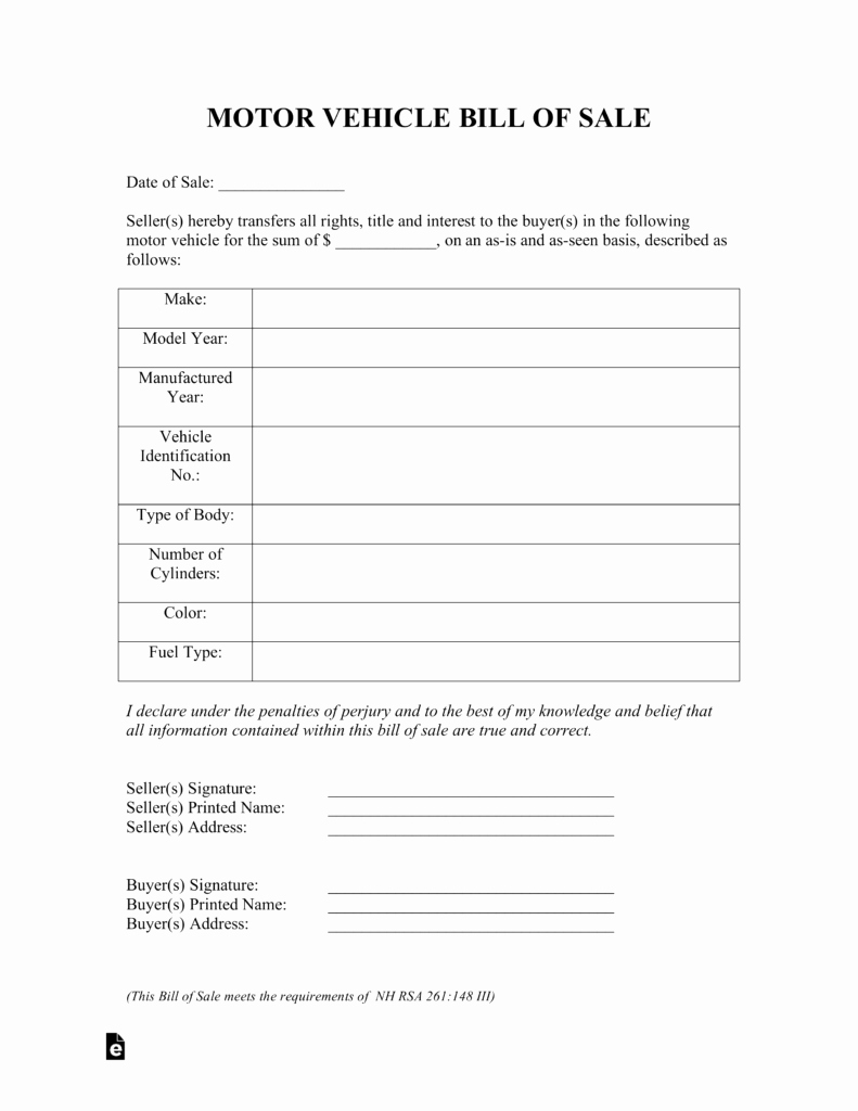 Car Bill Of Sale form Fresh Free New Hampshire Bill Of Sale forms Pdf