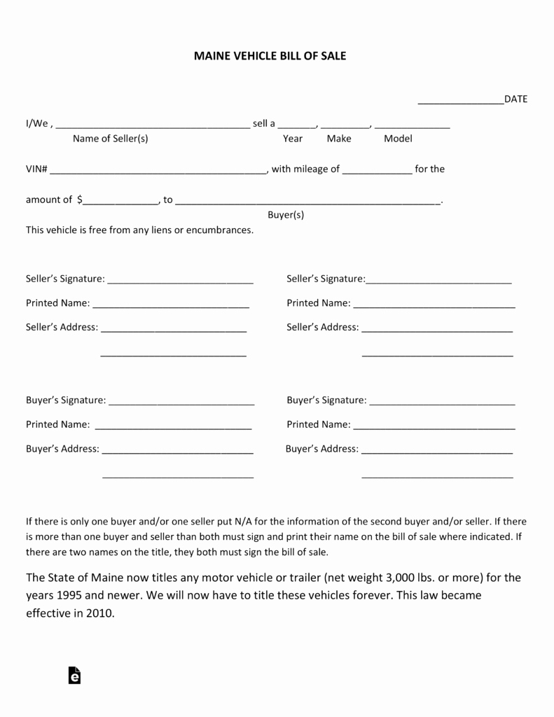 Car Bill Of Sale form Lovely Free Maine Motor Vehicle Bill Of Sale form Pdf