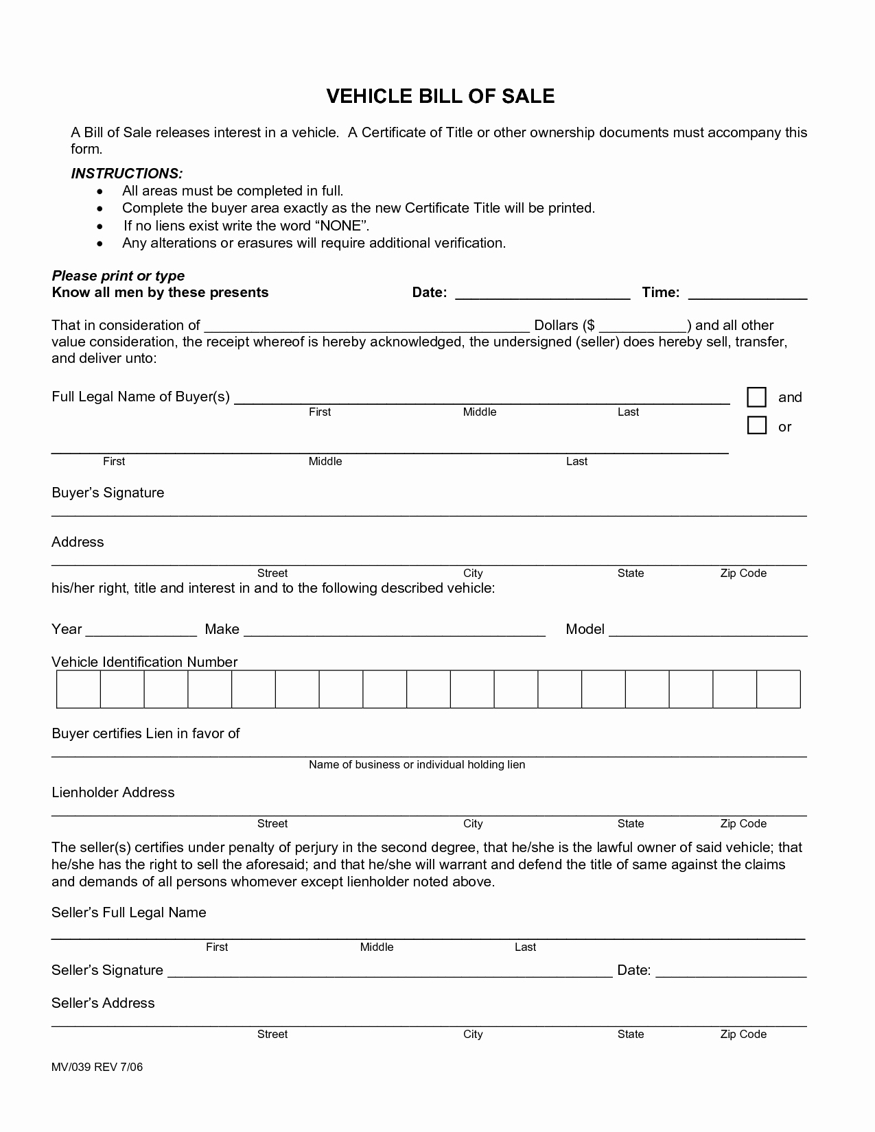 Car Bill Of Sale form New Free Printable Free Car Bill Of Sale Template form Generic