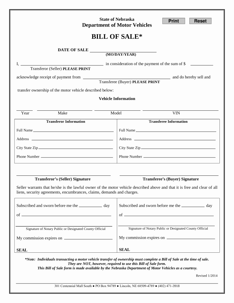 Car Bill Of Sale Pdf Elegant Free Nebraska Motor Vehicle Bill Of Sale form Pdf