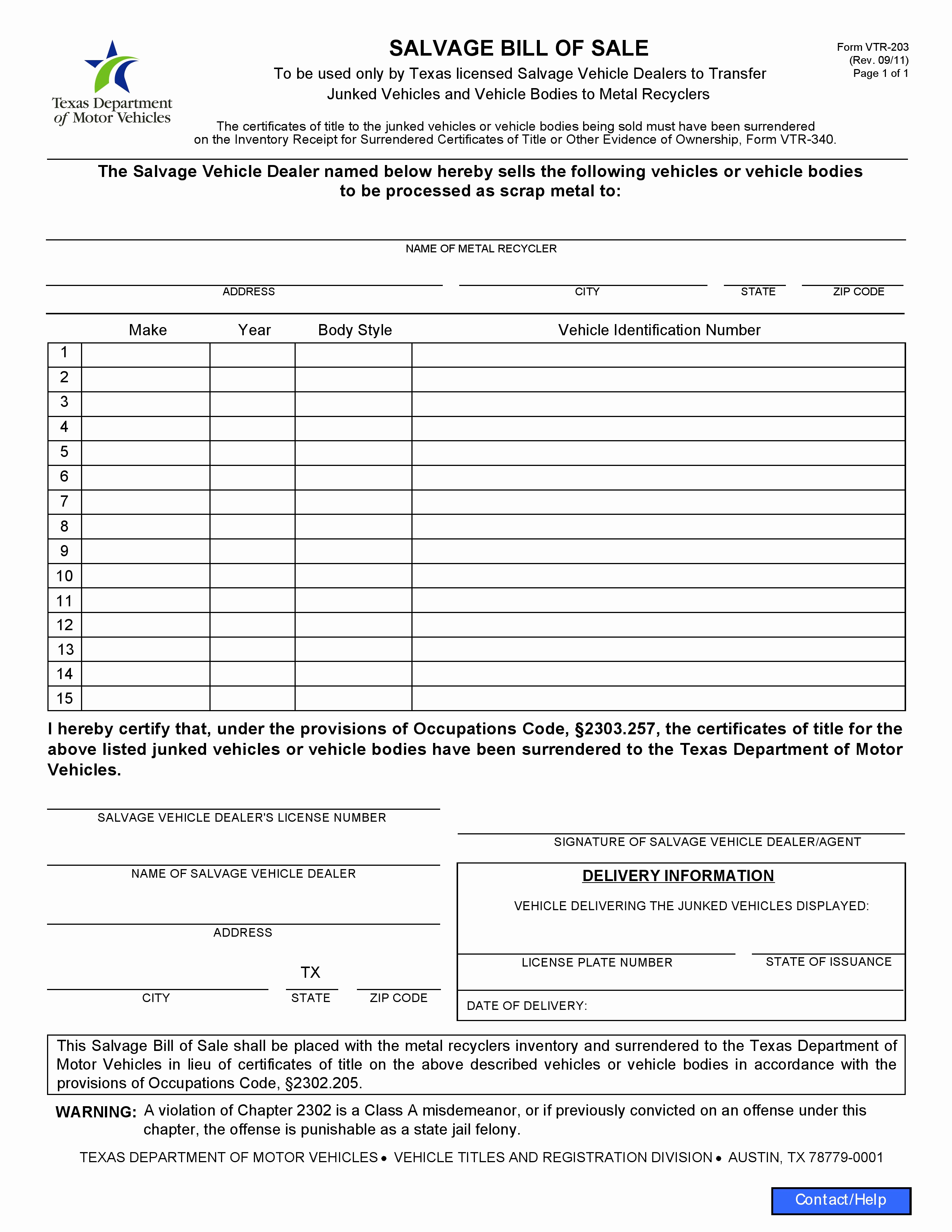 Car Bill Of Sale Texas Inspirational Free Texas Salvage Vehicle Bill Of Sale form Pdf