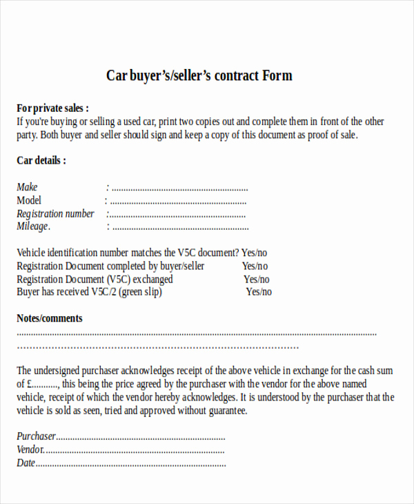 Car Sale Agreement Word Doc New Sample Used Car Sale Contract 7 Examples In Word Pdf