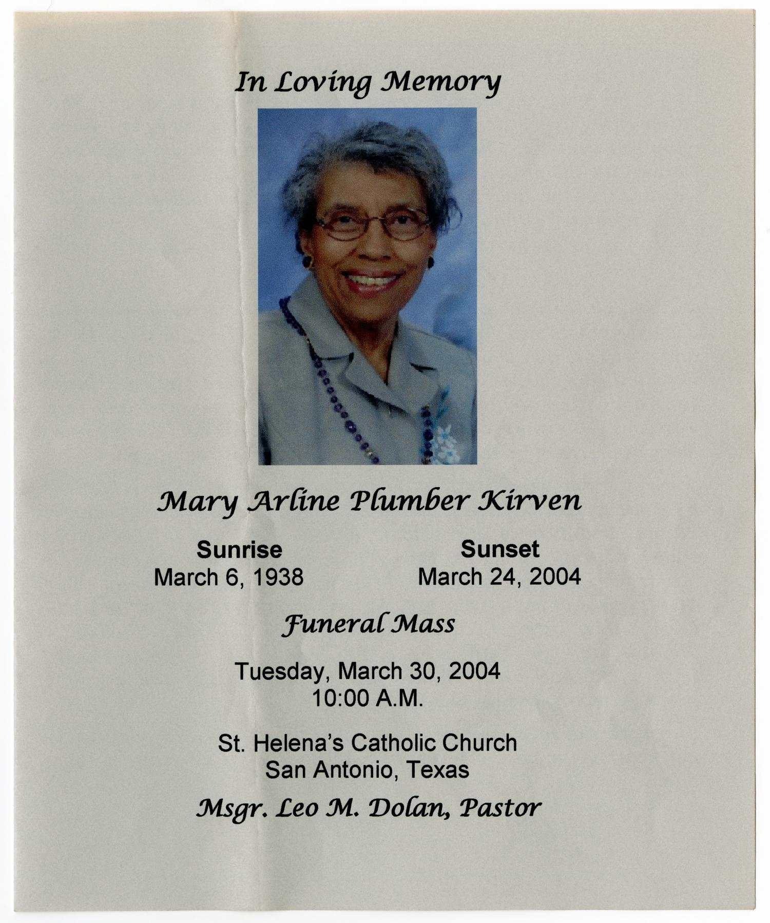 Catholic Funeral Mass Program Elegant [funeral Program for Mary Arline Plumber Kirven March 30