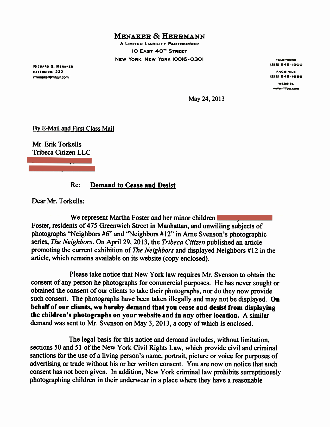 Cease and Desist Letters Sample Luxury Tribeca Citizen