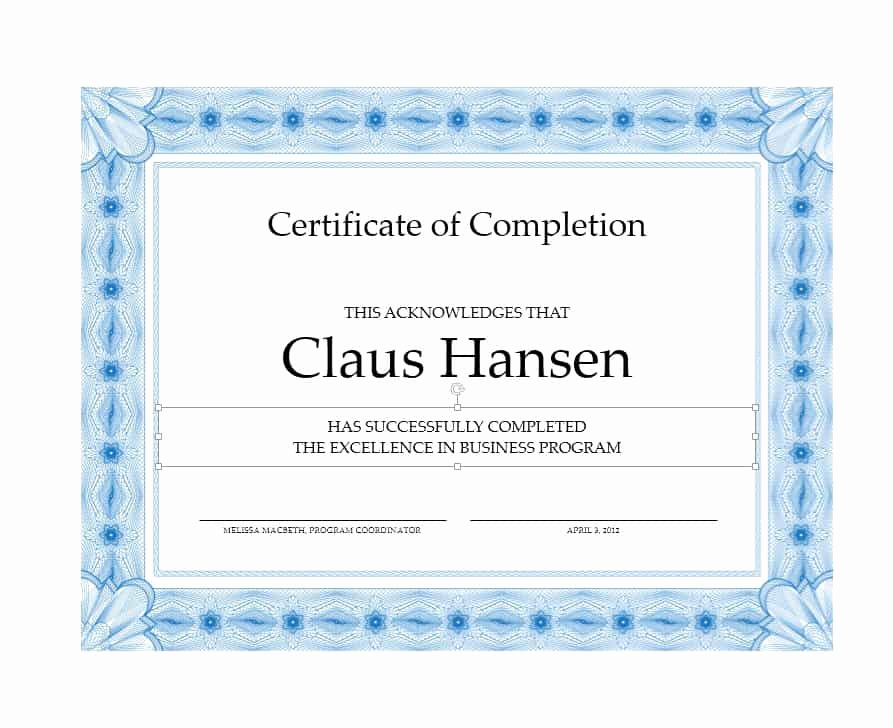 Certificate Of Completion Template Word Lovely 40 Fantastic Certificate Of Pletion Templates [word