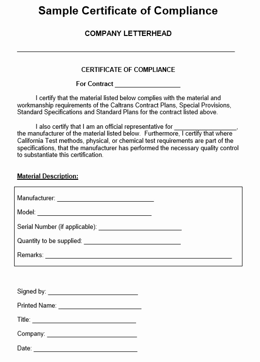 Certificate Of Compliance Template Fresh 8 Free Sample Professional Pliance Certificate