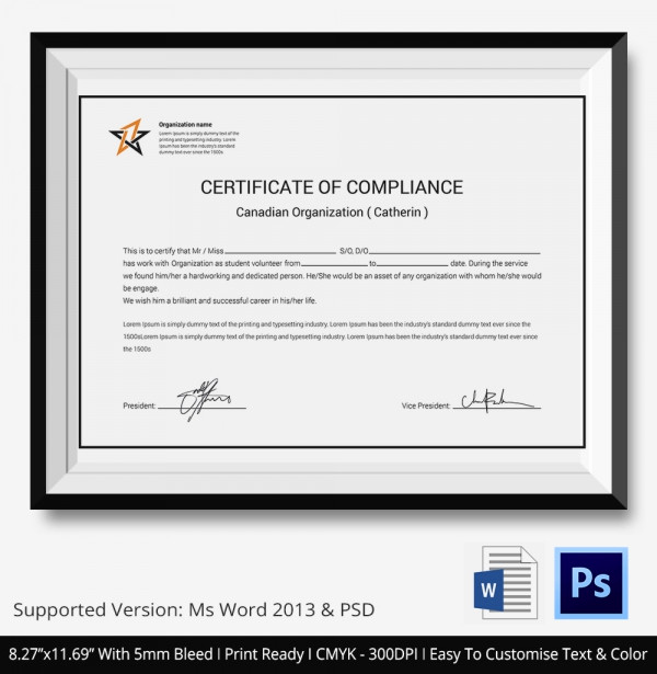 Certificate Of Compliance Template Fresh Certificate Of Pliance Template – 12 Word Pdf Psd