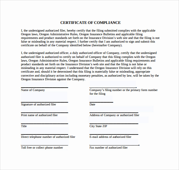 Certificate Of Compliance Template Unique Sample Certificate Of Pliance 16 Documents In Pdf