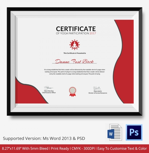 Certificate Of Participation Template Elegant Yoga Certificate Template 9 Free Word Pdf Psd format