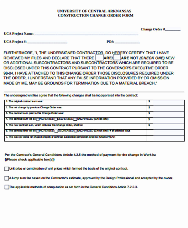 Change order form Template Unique Sample Construction Change order form 7 Examples In