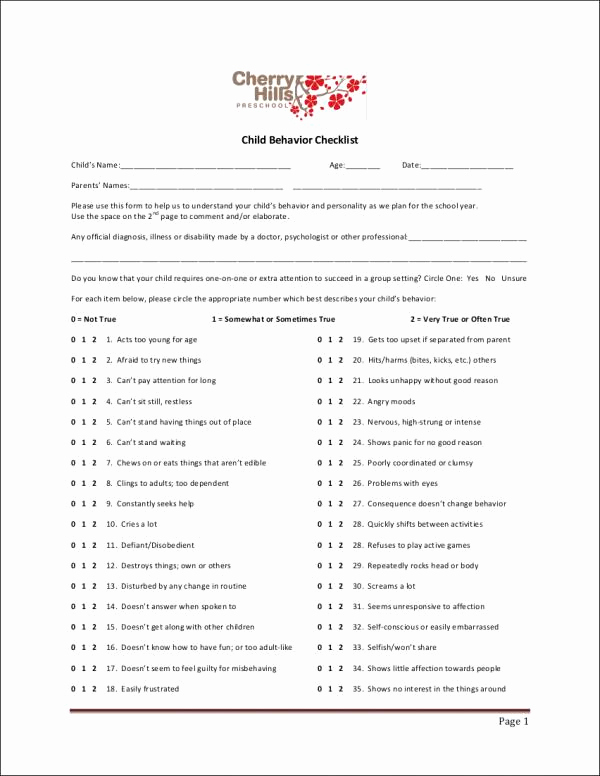 Child Behavior Checklist Pdf Inspirational 16 Behavior Checklist Samples &amp; Templates