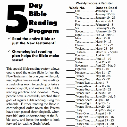 Chronological Bible Reading Plan Pdf Inspirational 2016 Five Day Bible Reading Schedule