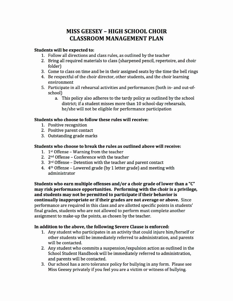 Classroom Management Plan Template New Alison Geesey Music Educator Management Plan