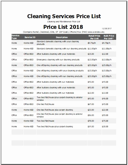 cleaning service price list template